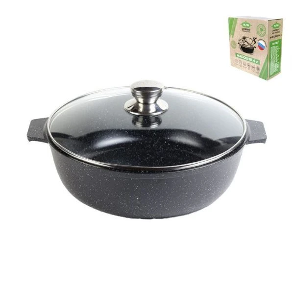 Жаровня 4л алюминий АП Granit Perfection black со стеклянной крышкой (5)