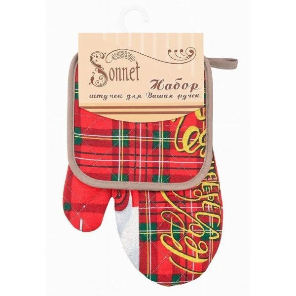 Кухонный набор 2пр (прихватка, рукавица) рогожка LeSonnet рис. Новогодние приключения