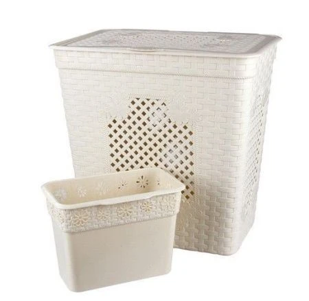 Корзина для белья 85л пластик ПЛЕТЁНКА ЛЮКС слоновая кость со вставкой 39*58*57см (4)