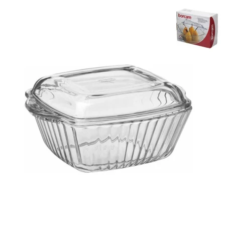 Кастрюля 2л 23,2*19см стекло БОРКАМ квадратная рифленая с крышкой 59029 (4)