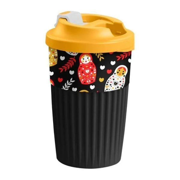 Термостакан 450мл пластик с клапаном с декором МАТРЕШКИ черный (10)
