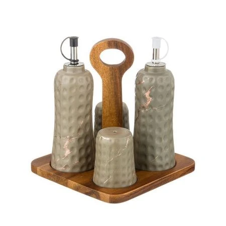 Набор для специй 4пр фарфор ЗОЛОТОЙ МРАМОР серый  на дер.подставке (12)