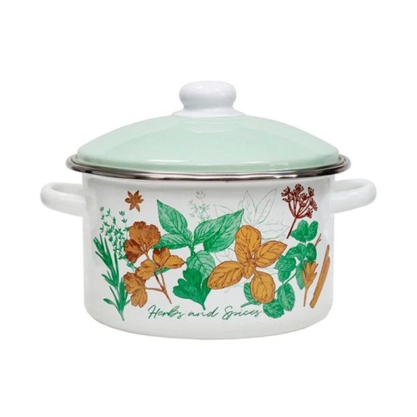 Кастрюля 4л эмаль КУЛИНАРНЫЕ ТРАВЫ белая с рис. 01-Б1614/4 (4)