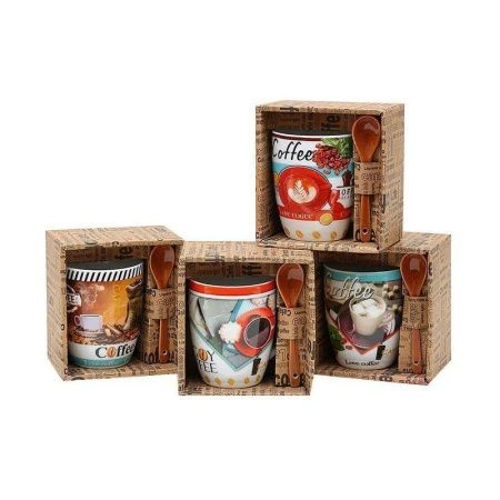 Кружка 340мл с ложкой бочка Coffee R03H/3034HS MIX (36)