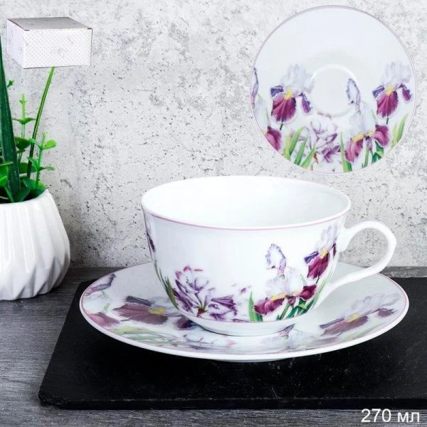 Чайный набор 2пр фарфор ИРИСЫ на 1 персону 270мл подар.уп. LY-1205 (4)