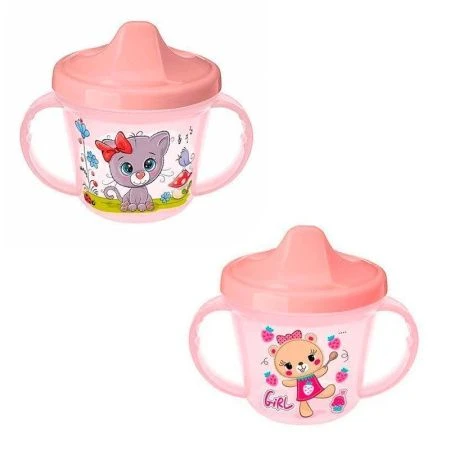Поильник детский 200мл пластик розовый с ручками и декором (12)