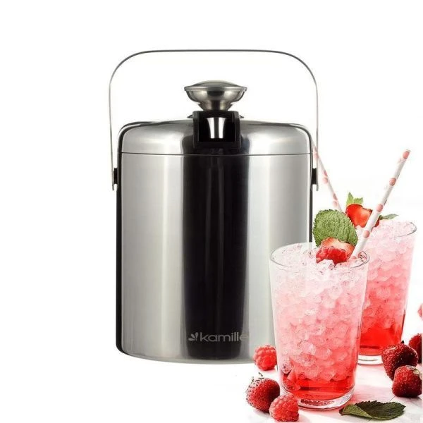 Ведерко для льда с крышкой 1,3л нерж.сталь щипцы, поддон с отверстиями, серебристый, арт. 7766 (12)