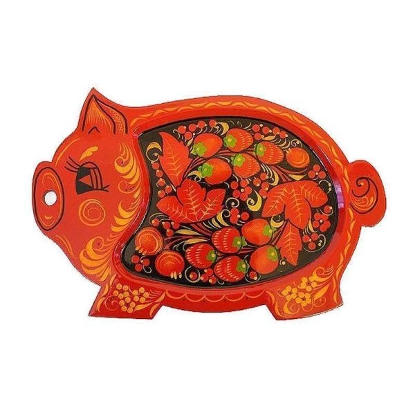 Сухарница деревянная с хохломской росписью Свинка 30,5*19*0,5см (1)