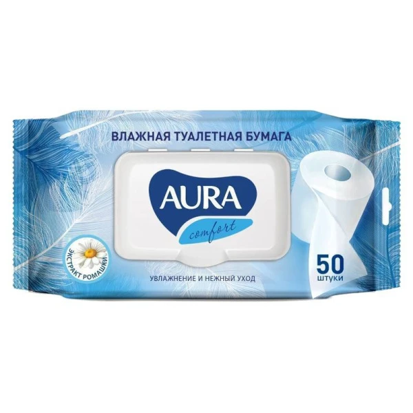 Бумага туалетная влажная АУРА 50шт. с крышкой ультра комфорт (12)