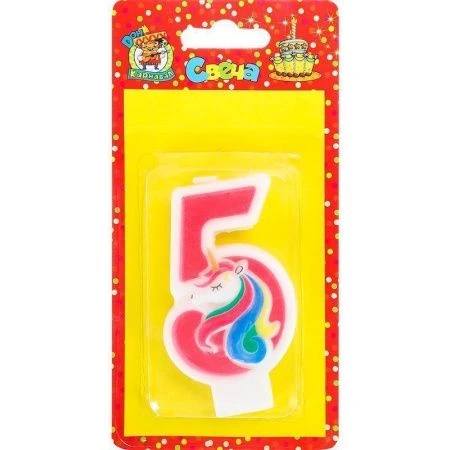 Свеча для торта Милый единорог розовая Цифра 5
