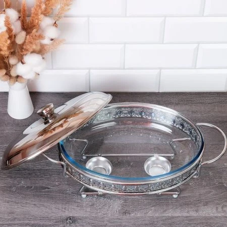 Мармит 2,5л стекло Silver овальный с мет.крышкой на мет.подставке 2 свечи HT95215-1 (6)