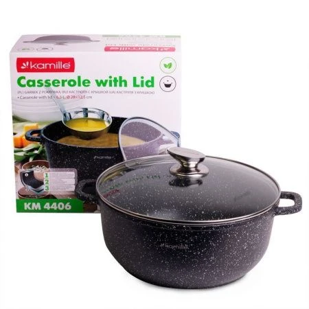 Кастрюля литой 6,5л алюминий АП со стекл.крышкой 28см h12,5см черный мрамор (8)