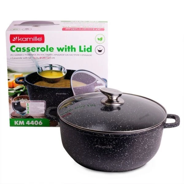 Кастрюля литой 6,5л алюминий АП со стекл.крышкой 28см h12,5см черный мрамор (8)