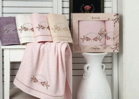 яяяНабор полотенец махровые Karna YELPAZE (50*80/70*130) кухонные 2шт. (Кремовый)