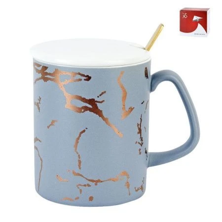 Кружка 380мл фарфор СЕРЫЙ МРАМОР с крышкой и ложкой подар.уп. (60)