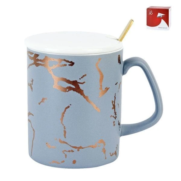 Кружка 380мл фарфор СЕРЫЙ МРАМОР с крышкой и ложкой подар.уп. (60)