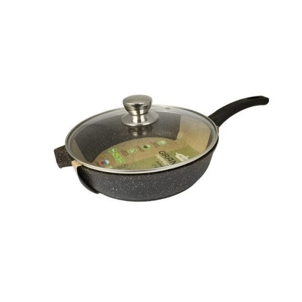 Сковорода 26см алюминий АП Granit Perfection chocolate с несъемной ручкой стекл.крышкой (6)