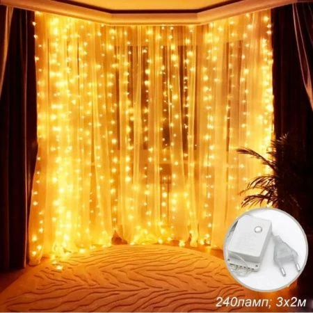 яяяГирлянда светодиодная Занавес 3*2м 240LED белый теплый 8 режимов 220V (24)