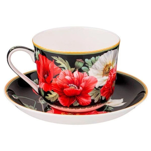 Чайный набор 2пр фарфор МАКИ на 1 персону 500мл черный (18)