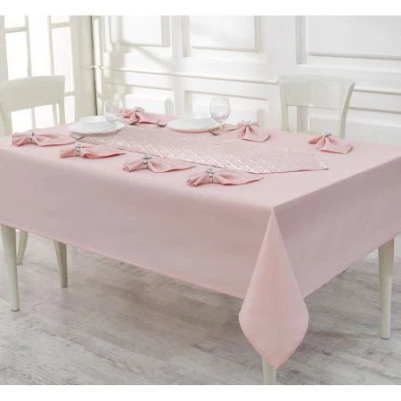 Скатерть 160*220см жаккард с салфетками, раннером Karna VERNIA (Пудра) Скатерть 160*220см жаккард с салфетками, раннером Karna VERNIA (Пудра)