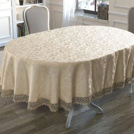 Скатерть 160*280см полиэстер овальная с гипюром Karna KDK (Бежевый)