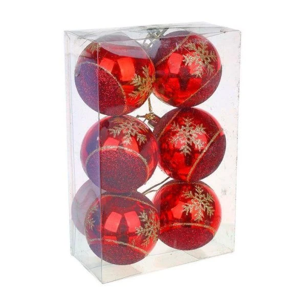 Набор шаров 6см с декором 6шт красный с золотом пластик СНОУ БУМ