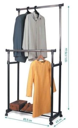 Вешалка гардеробная двойная, передвижная, на колёсиках, регулируемая h от 100-170H, длина 85,5см