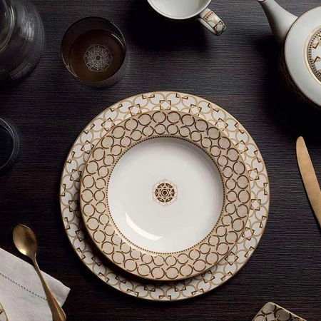 Блюдо 36*24см фарфор Deco бело-бежевое с золотистым кантом Круги и квадраты овальное подар.уп. PM-01