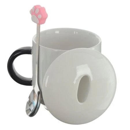 Кружка 400мл фарфор с крышкой мет.ложкой Мяу 4 вида подар.уп. (60)