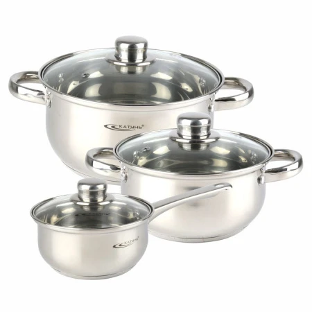 Набор посуды 6пр 1,6/2,2/4,2л нерж.сталь ГРЕТТА стекл.крышки толщ. 0,4мм все виды плит кроме индукции КТ04G (2)