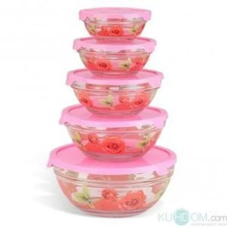 Набор салатников 5пр (0,1/0,2/0,3/0,5/1л) стеклянных с крышками (12)