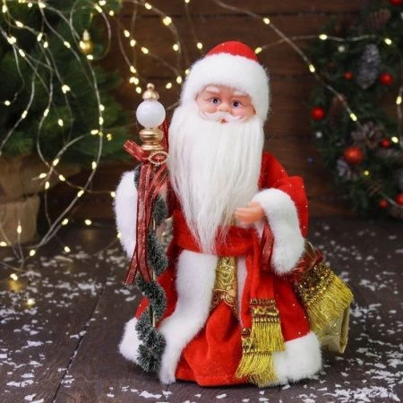 Фигурка новогодняя Дед Мороз в красной шубе с украшенным посохом двигается, с подсветкой 30*16см