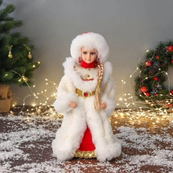 Фигурка новогодняя Снегурочка в бело-красной шубе двигается 40см
