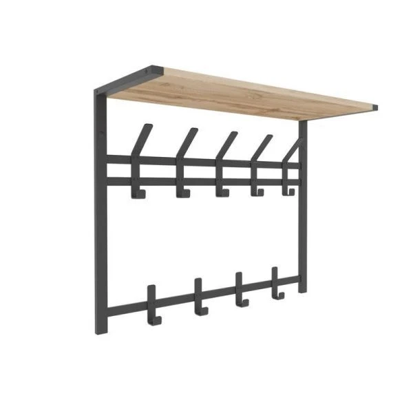 Вешалка настенная с полкой 2-х ярусная металл Торонто 22Д черная, полка ЛДСП 67*27*54,5см (1)