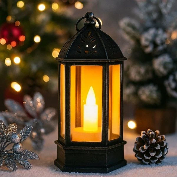 Фонарь светодиодный со свечой пластик 9*4*4см черный, работает от батареек JC-15157 (480)