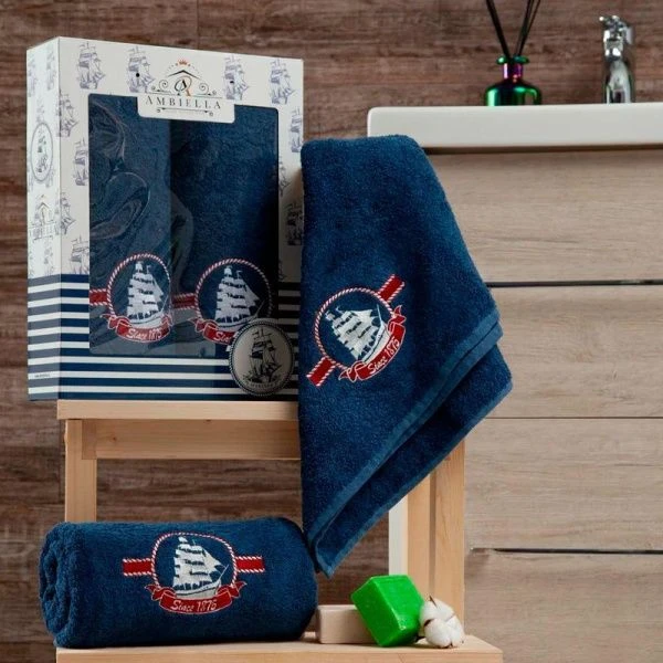 Набор полотенец махровых 2пр 50*90см/70*140см КОРАБЛИК синий