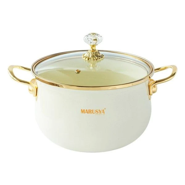 Кастрюля 6,5л эмаль со стекл.крышкой ручка золото кремовый перламурт (6)
