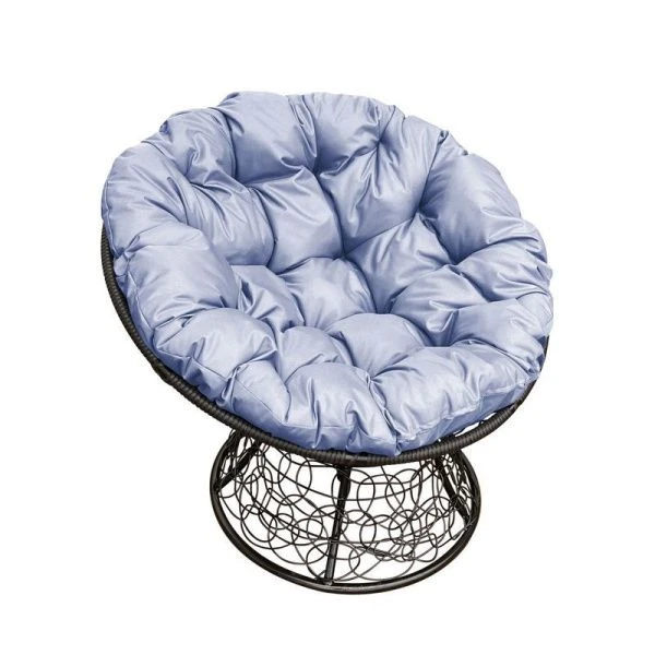 Кресло Папасан пружинка с ротангом металл чёрное, серая подушка 98*96*81см (max нагр. 150кг)