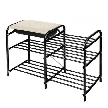 Полка для обуви 3 секции с ящиком 500*330*800мм металл ЛЮКС сиденье винил слон.кость/черная ЭТЛ5 (1)