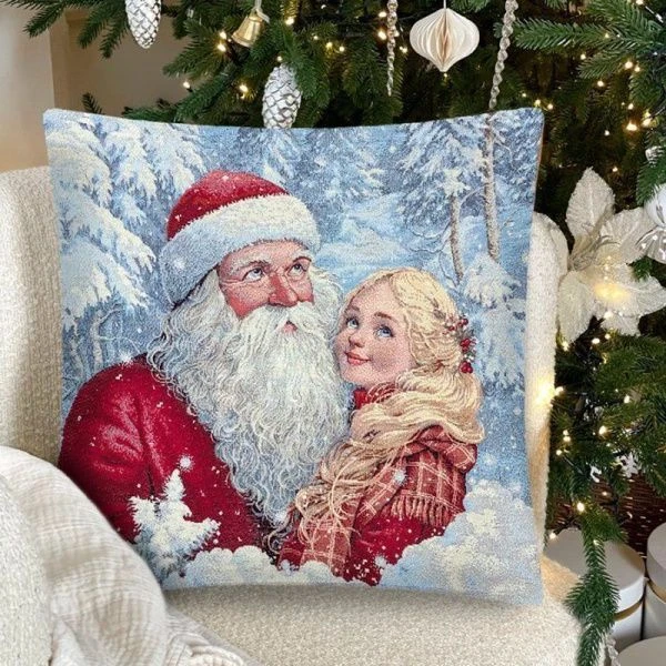 Наволочка декоративная новогодняя 44*44см гобелен МОРОЗ КО И НАСТЕНЬКА серебряный люрекс