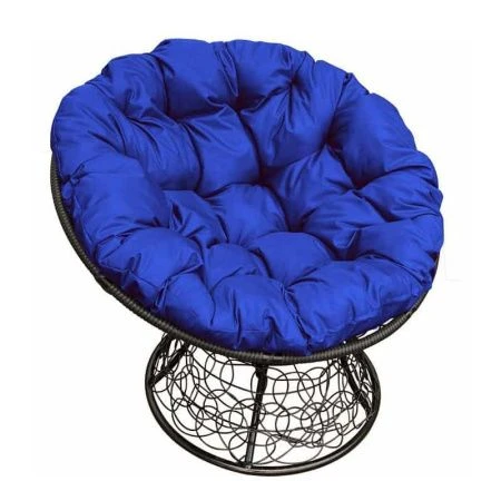Кресло Папасан с ротангом металл чёрное, синяя подушка 107*107*75см (max нагр. 150кг)
