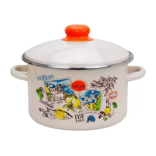 Кастрюля 2л эмаль ГРЕЧЕСКАЯ КУХНЯ бисквит с рис. 33-1610/4 (8)