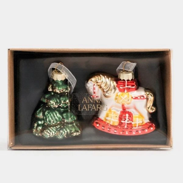 Игрушка новогодняя набор 2шт 7см стекло Елка/Лошадка New year ANLAF-NWR1947