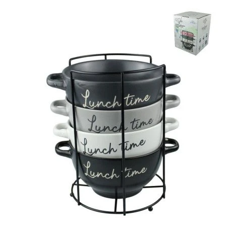 Бульонницы набор 4шт 650мл керамика ВРЕМЯ ЛАНЧА на мет.подставке (6)