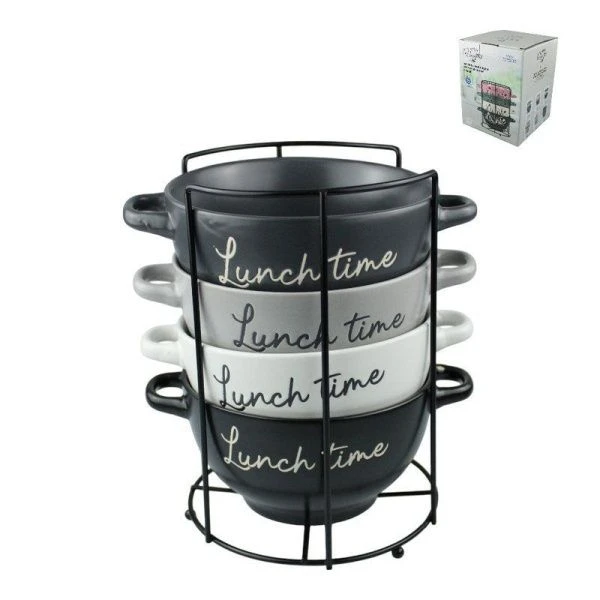 Бульонницы набор 4шт 650мл керамика ВРЕМЯ ЛАНЧА на мет.подставке (6)