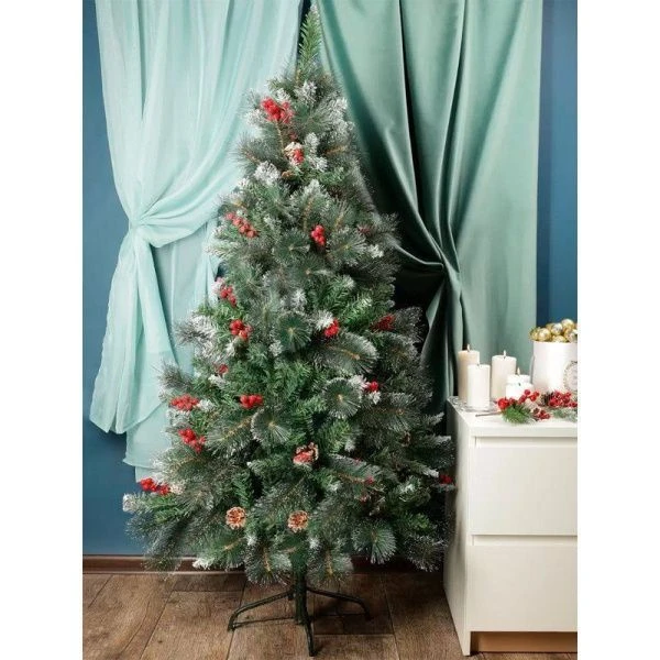 Елка искусственная 210см Сосна заснеженная с шишками и ягодами 877 веток НУ-7732