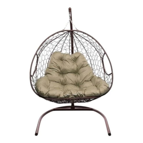 Кресло подвесное Для двоих с ротангом 120*125*190см металл корич,бежевая подушка (max нагр.160кг)