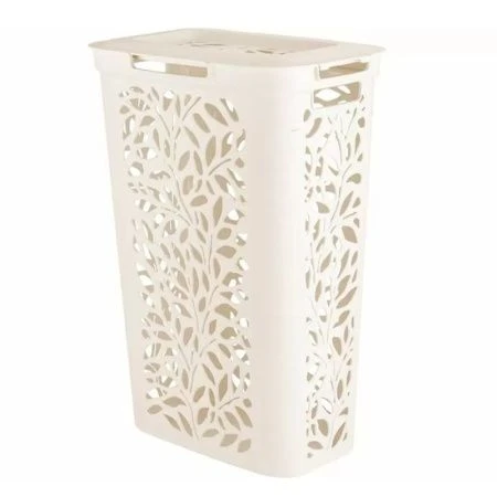 Корзина для белья 60л 440*340*635мм пластик Leaves с крышкой с разделением молочный (4)