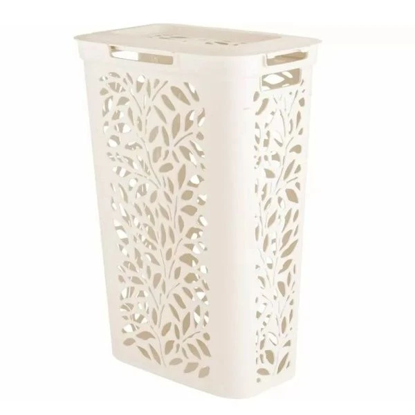 Корзина для белья 60л 440*340*635мм пластик Leaves с крышкой с разделением молочный (4)