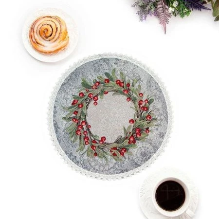 Салфетка новогодняя 45см гобелен НОВОГОДНИЕ ЯГОДЫ серо-голубой фон